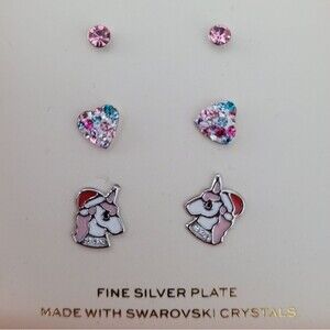 FAO Schwarz Christmas Earrings Fine Silver Plated Crystal Stud Unicorn & Heart